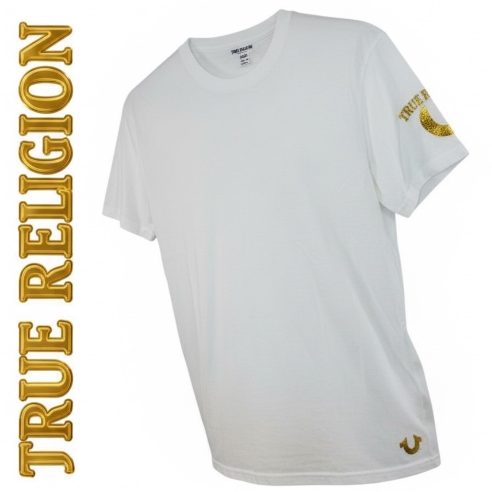 True Religion Classic White T-Shirt with Gold Horseshoe Logo Size Junior Large